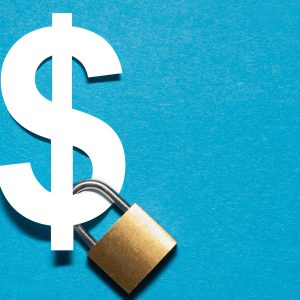Padlock attached to a white dollar sign on the blue background.